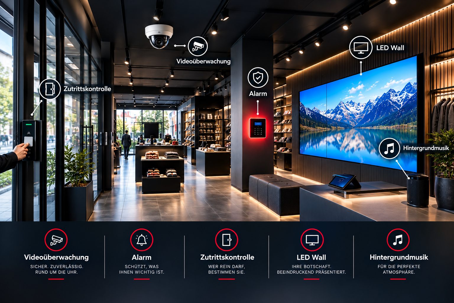 Filiale mit Videoüberwachung, Alarm, Zutrittskontrolle, LED-Wall und Hintergrundmusik